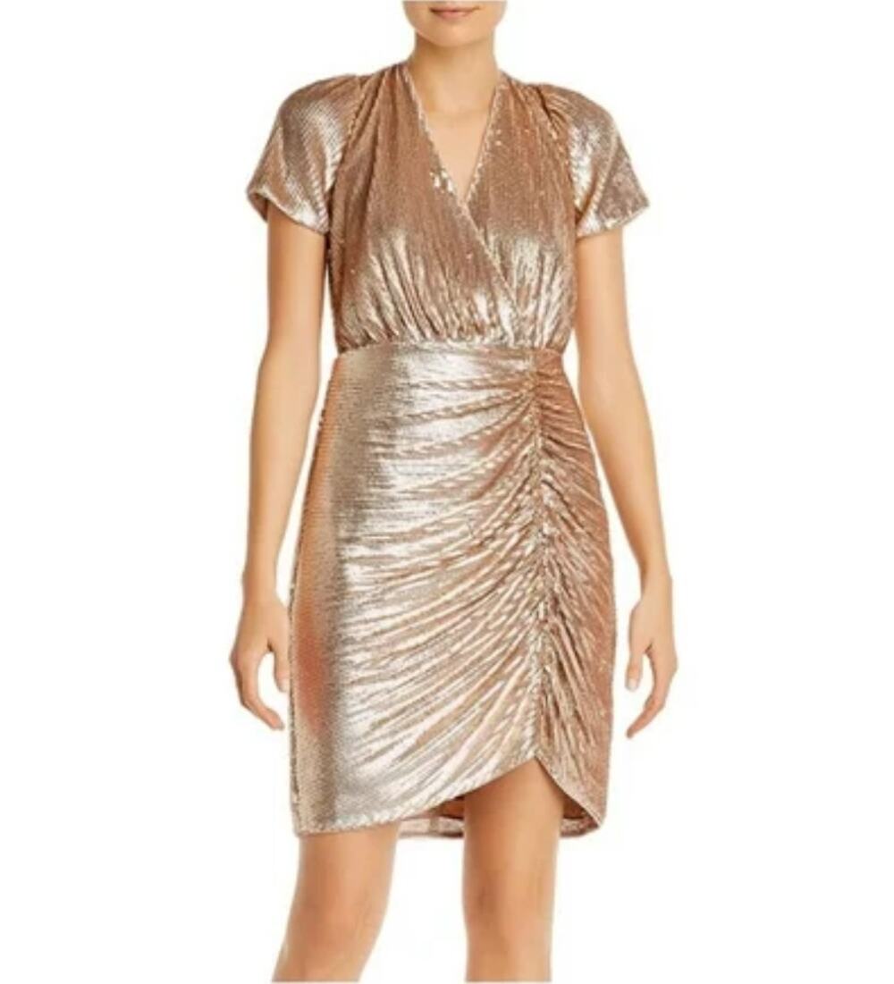 Aidan Mattox Champagne Gold Cocktail Dress Sequined Short Sleeve Sheath Size 6